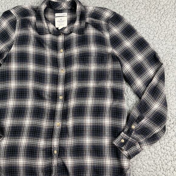 American Eagle Amazingly Soft Boyfriend Fit Flannel Shirt M Black White Plaid - Picture 3 of 7